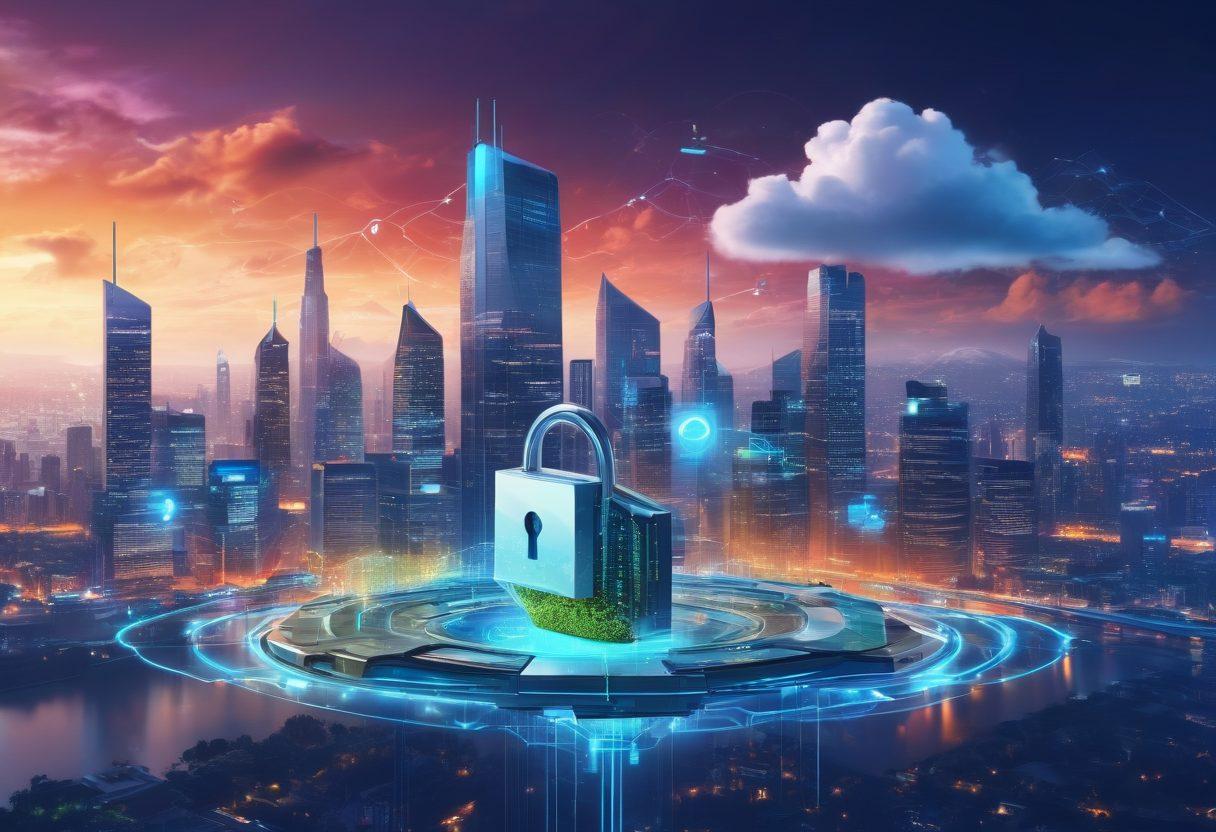 Depicts a vibrant digital landscape combining a secure server fortress, SEO growth charts, and interconnected cloud-hosting symbols. The background has a futuristic cityscape illustrating robust online presence and interconnectivity. Elements like padlocks for security, magnifying glasses for SEO, and cloud icons for hosting should stand out prominently. super-realistic. vibrant colors. tech-centric style.