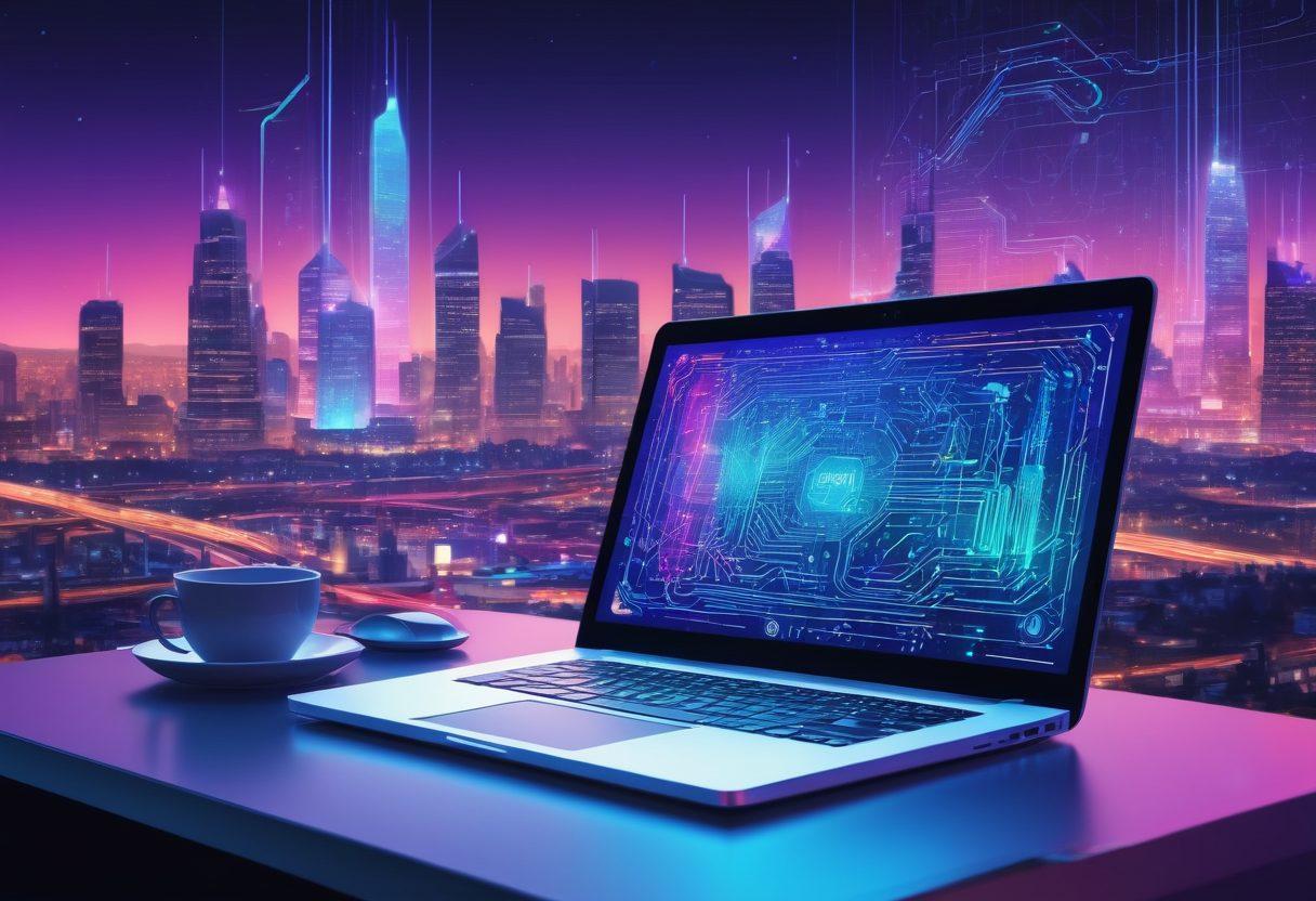 A dynamic, futuristic workspace featuring an open laptop displaying a stunning, responsive website design. Surrounding the laptop are symbols of coding languages, a design palette, and deployment tools like servers and cloud icons. The background showcases a sleek cityscape made of circuit boards and glowing data streams, representing the digital world. vibrant colors. vector art.