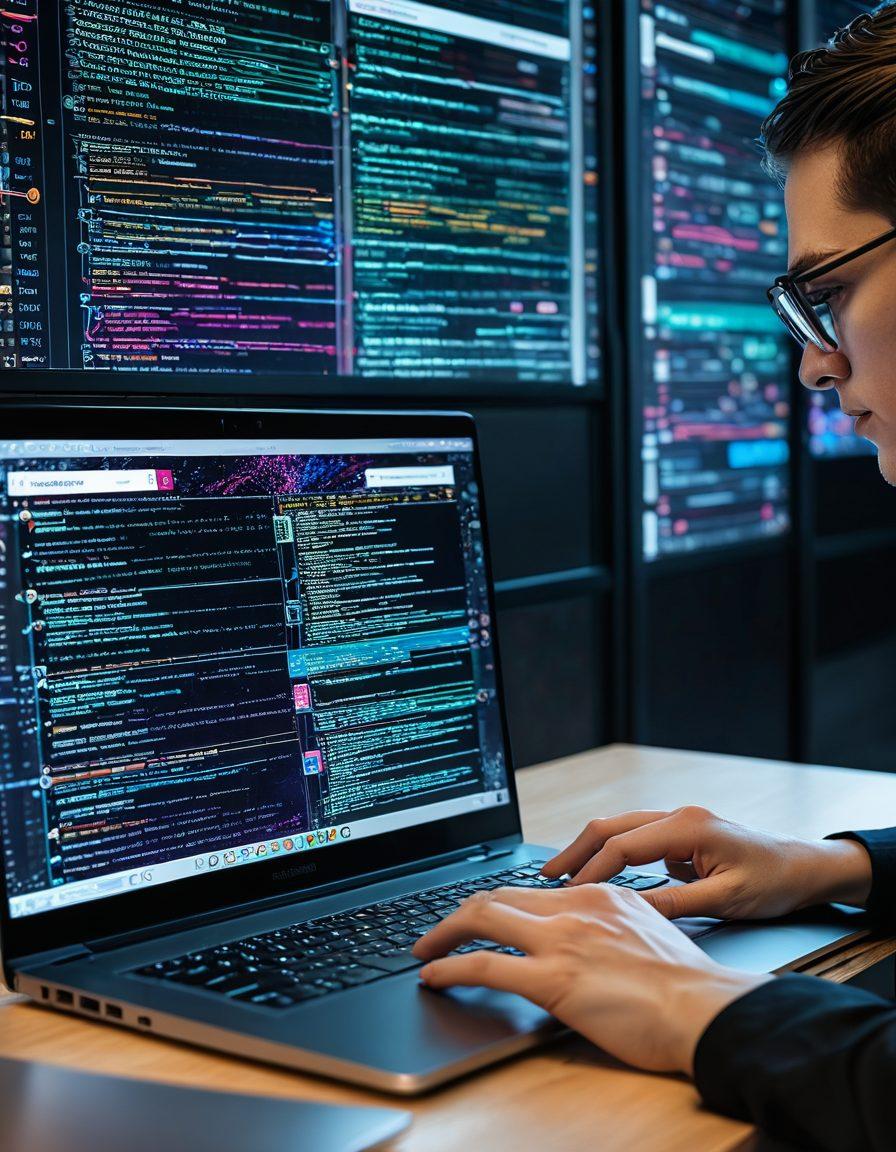 An open laptop showcasing an intricate web of interconnected code snippets and cyber elements, with a developer's hands typing on the keyboard. The screen displays both front-end and back-end technologies seamlessly blending into a digital cosmos with server racks, cloud icons, and network grids. super-realistic. vibrant colors. modern tech aesthetic.